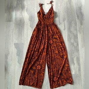 autumnal paisley print wide leg jumpsuit with tie straps and elastic waistband